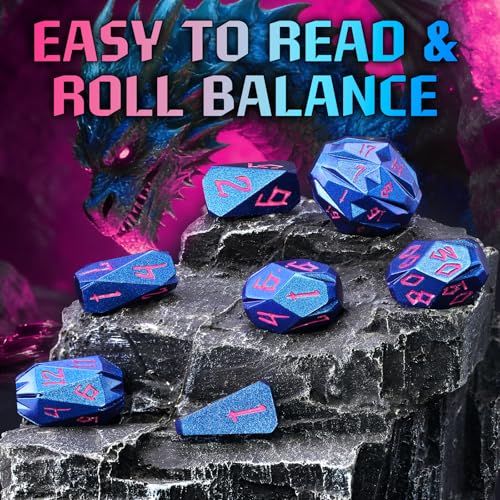 FONVGOGO Metal DND Dice Set 7 PCS for Dungeon and Dragons, RPG Dice D and D | Unique Cool Polyhedral Metal Dice for Tabletop Role Playing Games (Blue Pink) - color: S Blue Pink