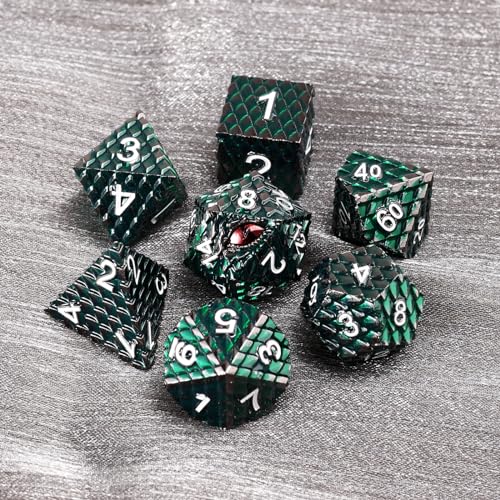 Metal Dice Set D&D,7 PCS Dragon Scale Metallic DND Dice Set,Dragon Eye Metal Dice with Grogeous Gift Case for Dungeons and Dragon Tabletop Game (Dark Green Dragon Scale & Red Eye) - color: Dark Green Dragon Scale & Red Eye