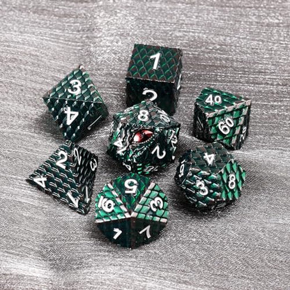 Metal Dice Set D&D,7 PCS Dragon Scale Metallic DND Dice Set,Dragon Eye Metal Dice with Grogeous Gift Case for Dungeons and Dragon Tabletop Game (Dark Green Dragon Scale & Red Eye) - color: Dark Green Dragon Scale & Red Eye