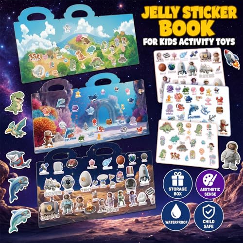 Reusable Jelly Sticker Books for Toddlers 2-4, Kids 3-6, 6 Sets | Farm, Dino, Space, Ocean, City & Forest. Reusable washable jelly stickers — travel activity gift for boys and girls ages 1-6 - style: Dinosaur/Space/City/Ocean/Forest/Farm