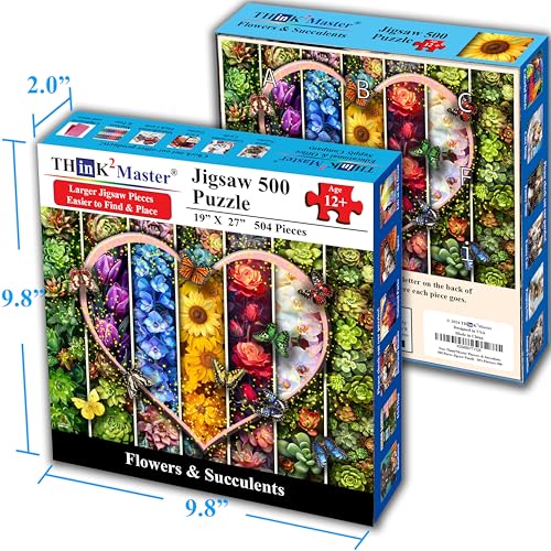 Think2Master Colorful Flowers Succulents & Butterflies 500 Pieces Very Large Pieces Jigsaw Puzzle for 13+ Adults & Seniors. Beautiful Vibrant Heart Valentine's Day Illustration 26.8” X 18.9” - style: Flowers & Succulents