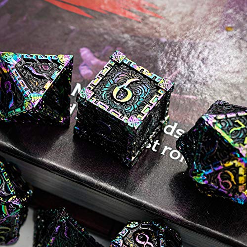 Cusdie 7 Pcs Metal DND Dice with Metal Box, Dagger Design Polyhedral Dice Set, for Role Playing Game D&D Dice (Colorful Black) - color: Colorful Black