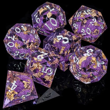 ARUOHHA Liquid Core DND Dice Set, 7pcs Resin Sharp Edged Dragons Dice RPG Role Playing Games, Silver Numbers Purple Dungeons Polyhedral Dice with Gift Box D20 D12 D10 D8 D6 D4 - color: Silver Purple