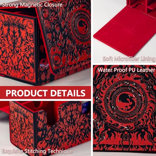 MTG Commander Deck Box with Dice Tray Card Deck Box Fits 160 Double Sleeved /200 Single Sleeved trading Cards, TCG deck box with 6 DICE 1Acrylic Dividers 1 Card Holder (Fire) - color: Fire