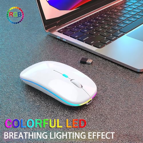 AIKOKOK Wireless Bluetooth Mouse, Rechargeable Dual Mode Mouse, Pearl White | BT 5.2 & 2.4G USB Receiver, 3 Adjustable DPI,LED Lights,Slim,Silent,Portable Computer Mouse for Laptop,PC,MacBook,iPad,Tablet - color: Pearl White