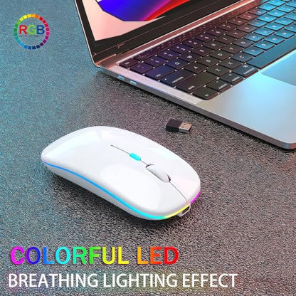 AIKOKOK Wireless Bluetooth Mouse, Rechargeable Dual Mode Mouse, Pearl White | BT 5.2 & 2.4G USB Receiver, 3 Adjustable DPI,LED Lights,Slim,Silent,Portable Computer Mouse for Laptop,PC,MacBook,iPad,Tablet - color: Pearl White