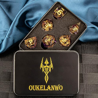 OUKELANWO Magic Lord Rings DND Dice Set with Box, 7Pcs Resin LOTR D&D Dice Set for Role Playing Game, Purple Gold Dungeons Dragons D and D Sharp Edge Dice D20 D12 D10 D8 D6 D4 - color: Purple