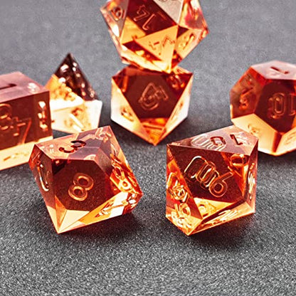 Bescon Crystal Clear (Unpainted) Sharp Edge DND Dice Set of 7, Razor Edged Polyhedral D&D Dice Set for Dungeons and Dragons Role Playing Games, Tangerine Color - color: Tangerine