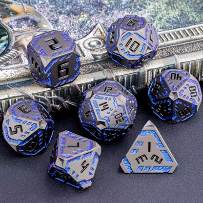 Metal DND Sci-fi Dice Set 7PCS Stripe Polyhedral Dice for Dungeons Dragons RPG Role Playing Game, Glitter D and D Dice with Gift Box D6 D8 D10 D12 D20 (Black&Blue Purple) - color: Black - Blue Purple