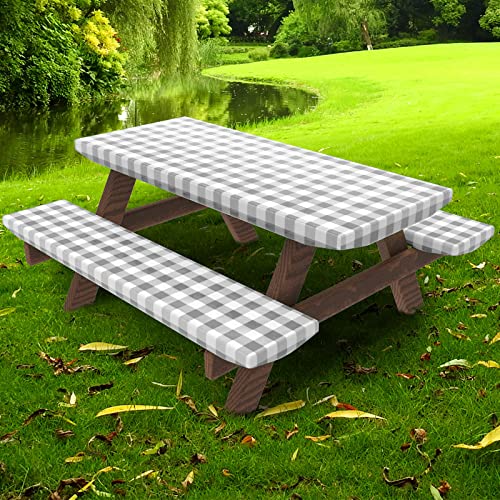 UMINEUX Picnic Table Cover with Bench Covers Fitted Table Clothes for 6 Foot Rectangle Tables Vinyl Flannel Backing with Elastic Edge -for Outdoor/Indoor Party&Dining(30x72 Inch,3-Pieces, Gray Plaid) - color: Gray & White Checkered, size: 30" x 72" (Recta