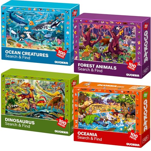 QUOKKA 100 Piece Puzzles for Kids Ages 4-6 - 4 Jigsaw Puzzles for Kids Ages 6-8 - Search and Find Game with Animals, Dinosaurs for Childrens 5-8 - Learning Educational Toys for Boys and Girls 8-10 - color: 4x100 Dino
