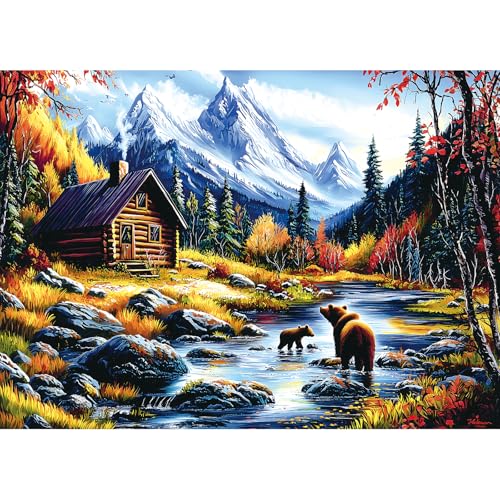 Puzzles for Adults 1000 Pieces, Mountain Escape Fall Landscape | Jigsaw Puzzles with Bears Cabin & Snow Peaks for Adults and Teens Family Challenging for Game Nights (27.5 x 19.7 Inch) - color: Colorful - Bear Mountain
