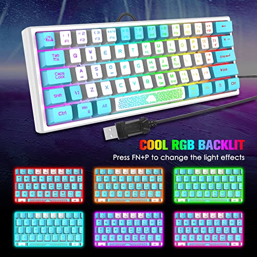 60% Gaming Keyboard and Mouse Combo Samll Mini RGB Backlight Mechanical Feeling and Mechanical RGB 6400 DPI Honeycomb Optical Mouse,Gaming Mouse pad for Gamers and Typists (White & Blue) - color: White & Blue