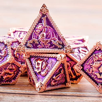 AUSTOR 7-Die Metal DND Dice Set Dungeons and Dragons Polyhedral Roll Playing Dice with Box D20 D12 D10 D% D8 D6 D4 for Pathfinder MTG RPG Board Games - color: Violet With Gold Edge