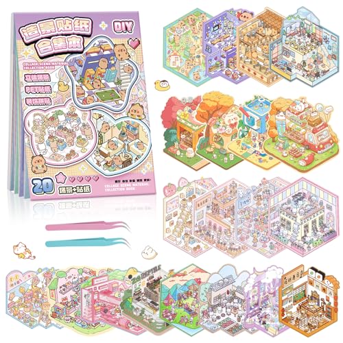 20 Sets 3D Sticker Scene Book for Adults,DIY Create Your Own Mini House | Stickers Cute Kawaii Miniature Scenes for Stress Relief Therapy Pass The Time, Fun Party Favors Gifts for Birthday Holiday - size: 20 Sets Purple