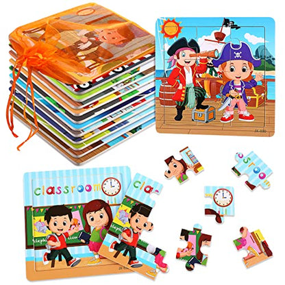 SANNIX 12 Pack Wooden Jigsaw Puzzles for Toddlers, Characters Puzzles | for Kids Party Favors, Educational Puzzles Learning Travel Toy with 12 Organize Bags - style: Characters