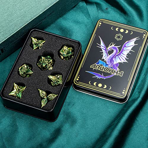 ARUOHHA DND Metal Dice Set Yellow Green Leaf Design Polyhedral Dice with Box, 7PCS D and D Dice RPG Role Playing Games D20 D12 D10 D8 D6 - color: Yellow Green