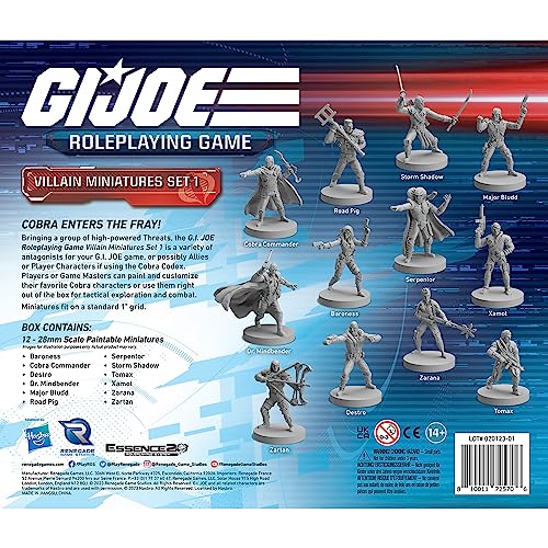 Renegade Game Studios G.I. Joe RPG Villain Miniatures Set 1, 12 Figures | Unpainted 28mm Scale Cobra Expansion Pack with Destro, Serpentor & Zartan, Compatible with Core RPG Rulebook System