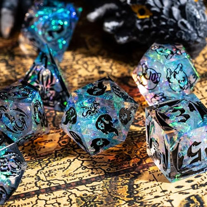 Cusdie 7-Piece Sharp Edges DND Dice Set with Dragon Pattern - Perfect for Tabletop RPGs Board Games Gifting and Collecting(Galaxy/Black Number) - color: Dragon Pattern Tc/B