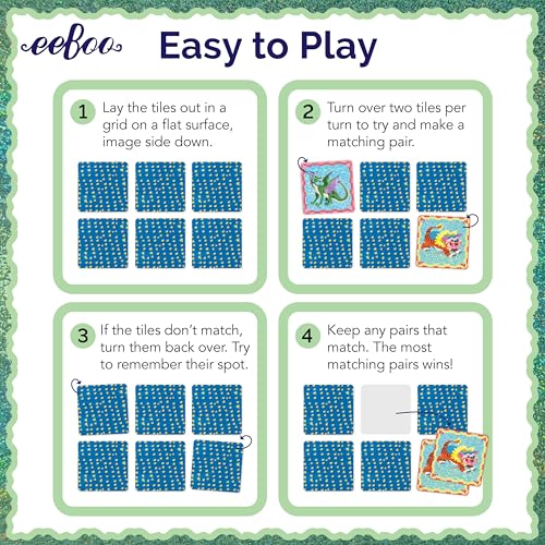 eeBoo Shiny Dragons Memory & Matching Game, Ages 3+, 1-4 Players | Introduces mythical dragons. Sharpens recognition, concentration & memory skills. Includes 48 foil tiles, 24 pairs - style: Shiny Dragons