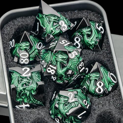 Roycevon Relief Dragon DND Dice Set for Role Playing Game, 7Pcs Metal D&D Dice Set Dungeons Dragons with Gift Box, Polyhedral D and D Dice D20 D12 D10 D8 D6 D4, Green and White - color: Green and White