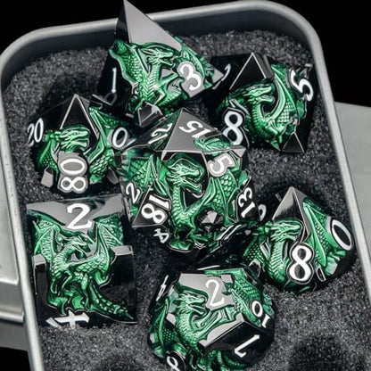Roycevon Relief Dragon DND Dice Set for Role Playing Game, 7Pcs Metal D&D Dice Set Dungeons Dragons with Gift Box, Polyhedral D and D Dice D20 D12 D10 D8 D6 D4, Green and White - color: Green and White