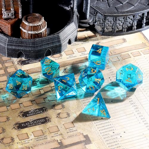 LUCKY-M 7-Piece Crystal Glass Polyhedral Dice Set with Case for Dungeons & Dragons, RPG Games - color: Blue Glass