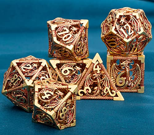 ARUOHHA Hollow DND Metal Dice Set Golden Red Dragons D and D Dice, RPG Role Playing Games Dungeons Polyhedral Dice with Gift Box D20 D12 D10 D8 D6 D4 - color: Golden Red