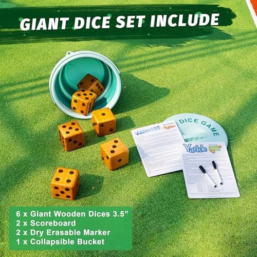 SunNordic Giant Dice Yard Game – 6 Large Wooden Outdoor Dice Set with Scoreboard & Portable Collapsible Bucket – Classic Backyard Lawn Game for Adults, Kids & Family
