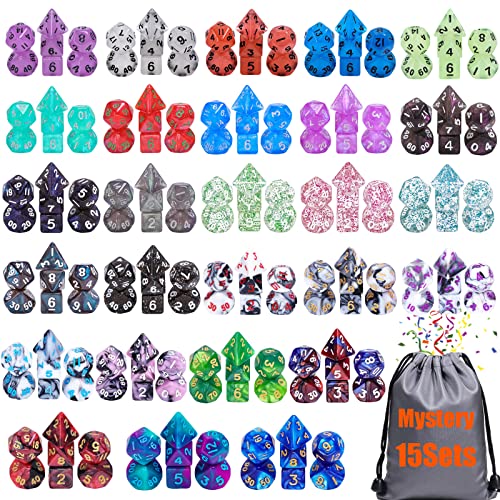 15 Sets Random Assortment Polyhedral RPG Mini Dice (105pcs),Surprise Mystery Mini Dice Set,10mm Mini DND Magic the Gathering Dice Set for MTG,RPG,D&D Dungeons and Dragons Role Playing Game - color: Random 15 Sets