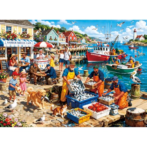 500 Piece Puzzles for Adults, Busy Coastal Harbor Scene Jigsaw Puzzles | Fishermen Boats Lighthouse Puzzles for Seniors,Seaside Town Jigsaw Puzzle 500 Pieces, Dog Puppy Fish Adult Puzzle Toy Gift - color: Coastal Harbor