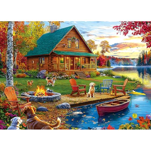 Autumn Lake House 1000 Piece Jigsaw Puzzle for Adults Log Cabin with Dogs & Fall Foliage Adult Puzzles 1000 Pieces for Family Game Night & Home Decor - color: Colorful-autumn Lake House