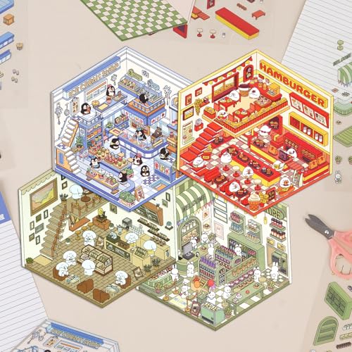 3D House Stickers,DIY Sticker Therapy for Adult Fun Cute Cartoon Stickers | Scene Make Your Own for MINI Room Scenes for MINIature Supermarket for Relief Stress Pass The Time (4 Pcs) - size: 4 Pcs Regular