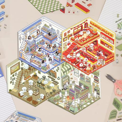 3D House Stickers, 24 Sets DIY Sticker Therapy for Adult Fun Cute Cartoon Stickers Scene Make Your Own Mini Room Scenes Miniature Supermarket for Relief Stress Pass The Time | 24 Sets Scene Make Your Own for MINI Room Scenes Miniature Supermarket for Reli