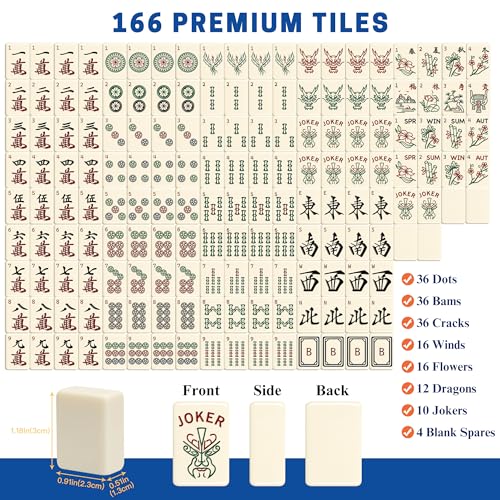 American Mahjong Set 166 Tiles with 4 Acrylic Racks&Pushers (Blue) | 166 premium cream ivory tiles with 4 acrylic racks/pushers 4 guides, scoring coins, dice, wind indicator & carrying bag