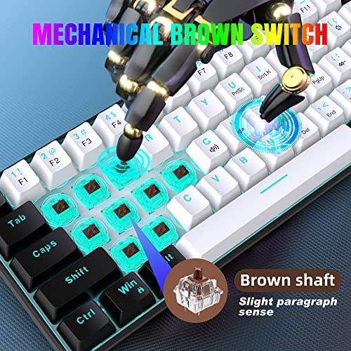Snpurdiri 60% Mechanical Gaming Keyboard (Black-White, Brown Switches) | Ice Blue LED Backlit 61 Keys Mini Wired Office Keyboard for Windows Laptop PC Mac - color: Black White/Brown Switch
