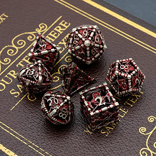 Hollow Grim Reaper Metal DND Dice Set,7-Piece Polyhedral RPG Dice, 3D Hollow Skeleton Design (Blood Red Numbers) - color: Grim Reaper Blood