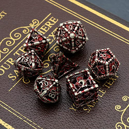 Hollow Grim Reaper Metal DND Dice Set,7-Piece Polyhedral RPG Dice, 3D Hollow Skeleton Design (Blood Red Numbers) - color: Grim Reaper Blood