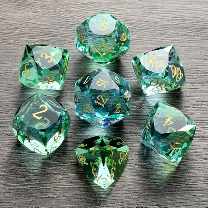 DNDND 7-Piece Glass Dice - Multifaceted Colorful DND Dice, Tabletop Gaming, Collectors | Premium Gift Box & Durable Design (Green and Blue) - color: Green and Blue