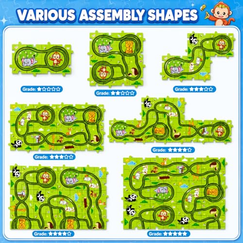 Beby Buty 64PCS Puzzle Race Track Car Set for Kids Boys, Floor Puzzle Tracks Car Toys for Boys Girls Ages 3-5 4-6, Toddler Toys Gifts for 3 4 5 Year Old, Ideal 3 4 5 6 Year Old Birthday Gifts - style: 64 PCS Animal Theme