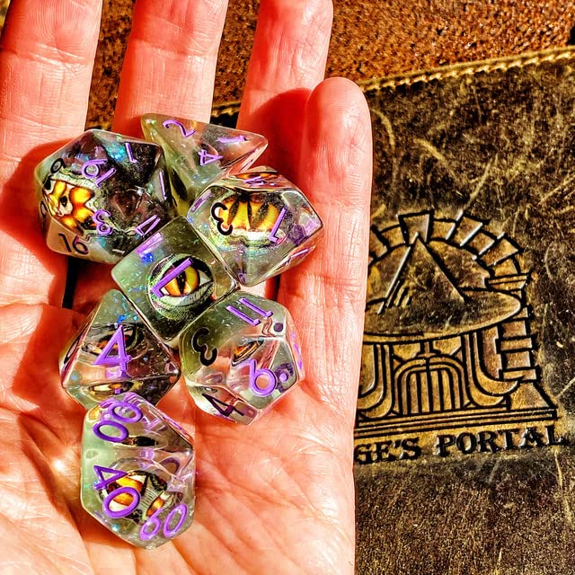 Sage's Portal Animal Familiars Resin DND Dice Set Polyhedral Dice Set for Dungeons and Dragons RPG Pathfinder Tabletop TTRPG (Bottled Yellow/Green Dragon Eyes) - color: Bottled Yellow/Green Dragon Eyes