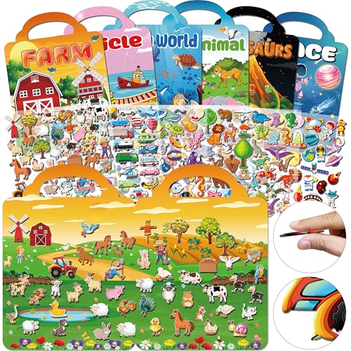 Kalysky 6Set Puffy Sticker Books for Kids 2-4, 3D Reusable Stickers Books for Toddlers 1-3 2-4,Farm+Animal+Dinosaurs+Ocean World+Space+Vehicle - color: 6 Set - Farm/Animal/Dinosaurs/Ocean/Space/Vehicle