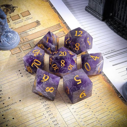 Natural Amethyst 7Pcs Polyhedral Dice Set, Natural Gemstone Multi-Faceted DND Dice for Dungeons and Dragons RPG Tabletop Game (Amethyst-Gold) - color: Amethyst-gold