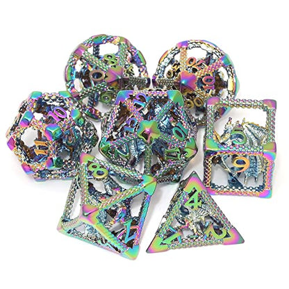 Hollow DND Dice Set, Metal Dice Premium 7-Die Polyhedral Dice Set for Dungeons Dragons D&D, RPGs, MTG, and Board Games (3D Dragon Rainbow White Number) - color: 3d Dragon Rainbow White Number