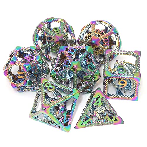 Hollow DND Dice Set, Metal Dice Premium 7-Die Polyhedral Dice Set for Dungeons Dragons D&D, RPGs, MTG, and Board Games (3D Dragon Rainbow White Number) - color: 3d Dragon Rainbow White Number