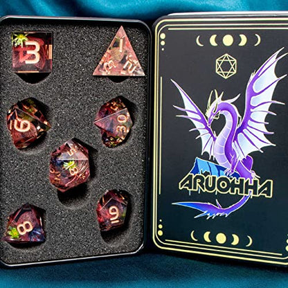 ARUOHHA DND Resin Dice Translucent Pink Leaf Sharp Edged Dragons Dice Set with Box, 7pcs Flower Inclusions Polyhedral Dungeons D and D Dice RPG Role Playing Game D20 D12 D10 D8 D6 D4 - color: Pink - Leaf