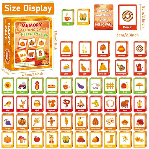 gisgfim 100 PCS Fall Memory Matching Game Thanksgiving Happy Fall Concentration Memory Games for Kids Educational Ages 3-8 A Fun & Fast Autumn Theme Memory Matching Games - style: Happy Fall
