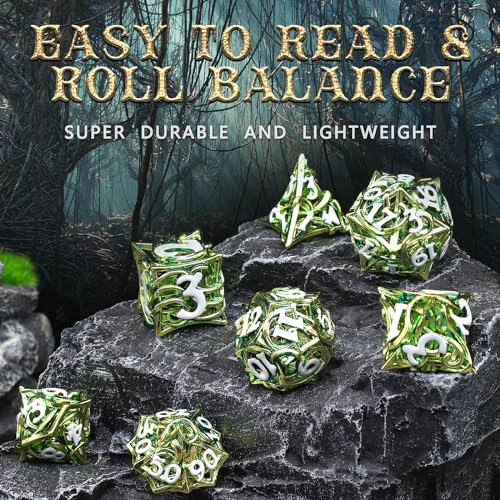 FONVGOGO Metal DND Dice Set of 7 for Dungeons and Dragons Hollow Polyhedral Metal Vine Dice Set D and D with Black Case Role Playing D and D RPG Dice for Tabletop Games Ttrpg (Vine Green) - color: Vine Green