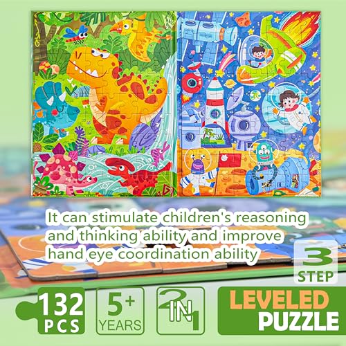 D-KINGCHY Magnetic Puzzles for Kids Ages 5+, 2-in-1 Puzzle Book 60 72 Pieces, Travel Jigsaw Puzzles, Road Trips Toys for 5 6 7 8 Boys Girls Birthday Gift (Dinosaur and Space) - style: Dinosaur and Space