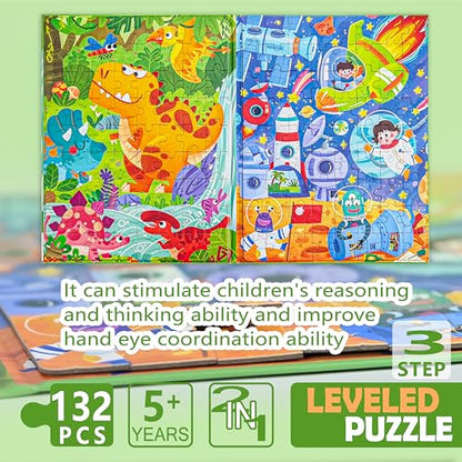 D-KINGCHY Magnetic Puzzles for Kids Ages 5+, 2-in-1 Puzzle Book 60 72 Pieces, Travel Jigsaw Puzzles, Road Trips Toys for 5 6 7 8 Boys Girls Birthday Gift (Dinosaur and Space) - style: Dinosaur and Space